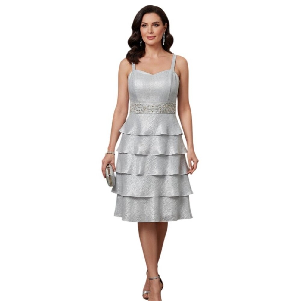 Davids Bridal Silver Tiered Ruffle Cocktail Dress 14 Mother of Bride